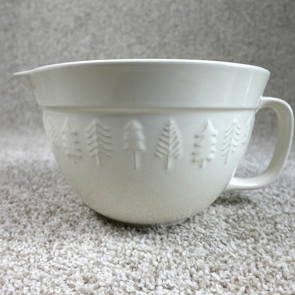 The Bake Shop Cream Ceramic Mixing Bowl Embossed Pine Trees Pour Spout Handle